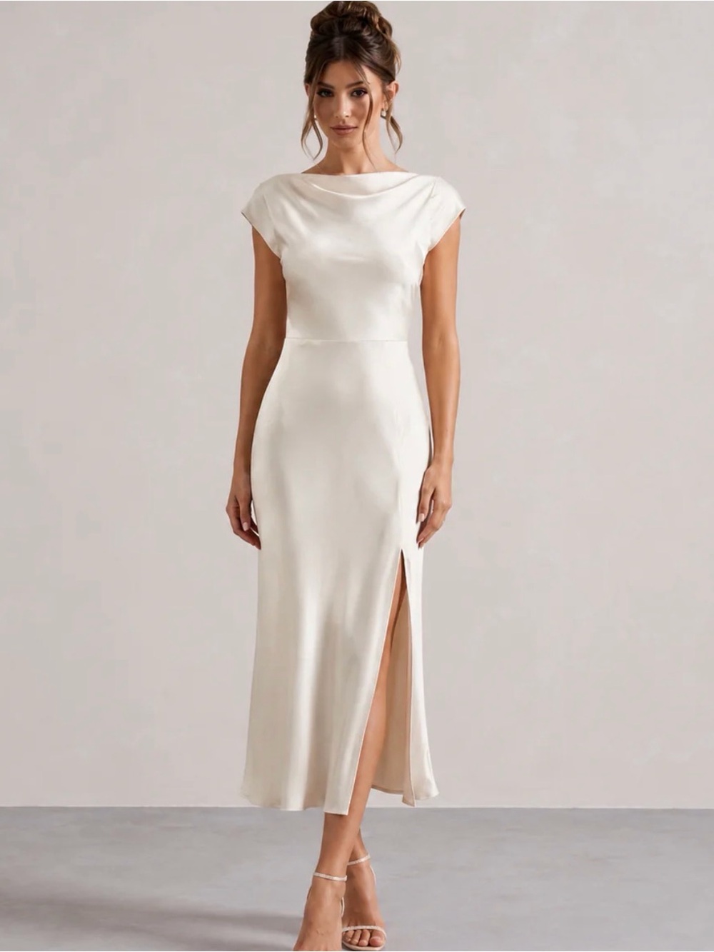 Billy J Ivana Midi Dress Champagne Satin Cowl Neck Cutout Back